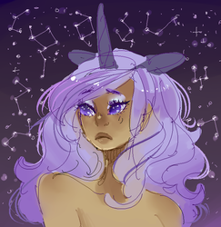 Size: 634x653 | Tagged: safe, artist:costly, princess luna, human, g4, bare shoulder portrait, constellation, dark skin, eared humanization, female, horn, horned humanization, humanized, night, solo, stars