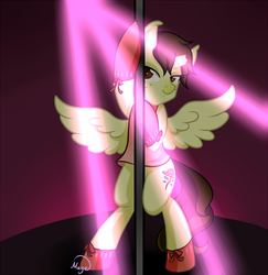 Size: 610x627 | Tagged: safe, artist:lethalauroramage, oc, oc only, alicorn, pony, alicorn oc, broken horn, female, horn, solo, stripper, stripper pole