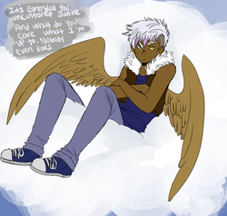 Size: 869x827 | Tagged: safe, gilda, human, g4, ask, askequestrianboys, bomber jacket, cloud, cloudy, dark skin, dialogue, humanized, rule 63, single panel, solo, tumblr, winged humanization