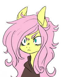 Size: 500x628 | Tagged: safe, artist:techtechno, fluttershy, g4, angry, ask, clothes, eyebrows, female, frown, hoodie, messy mane, otakufluttershy, simple background, solo, tumblr, white background, wide eyes