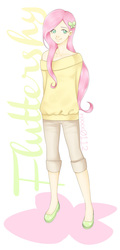 Size: 600x1250 | Tagged: safe, artist:starrywhitewall, fluttershy, human, g4, clothes, female, humanized, off shoulder, solo, sweater, sweatershy