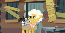 Size: 1348x698 | Tagged: safe, screencap, goldie delicious, cat, earth pony, pony, g4, pinkie apple pie, animal, crazy cat lady, female, goldie delicious' cats, hub logo, mare, saddle bag, solo