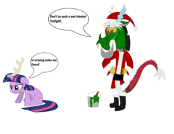 Size: 3300x2550 | Tagged: safe, artist:redxmrpimpen, discord, twilight sparkle, g4, clothes, duo, how the grinch stole christmas, max (the grinch), parody, santa costume, simple background, the grinch, transparent background, twilight sparkle is not amused, unamused, vector