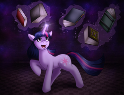 Size: 1945x1500 | Tagged: safe, artist:evil-rick, twilight sparkle, pony, unicorn, g4, book, female, levitation, looking up, magic, mare, open mouth, pixiv, raised hoof, smiling, solo, telekinesis, unicorn twilight