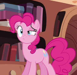 Size: 1028x1004 | Tagged: safe, screencap, pinkie pie, earth pony, pony, g4, my little pony: friendship is magic, pinkie apple pie, confused, female, golden oaks library, solo