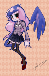 Size: 1129x1741 | Tagged: safe, artist:lessue, princess luna, equestria girls, g4, alternate clothes, female, floating wings, pixiv, solo, wings