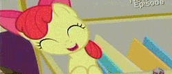Size: 1220x530 | Tagged: safe, screencap, apple bloom, earth pony, pony, g4, pinkie apple pie, adorabloom, animated, cute, female, filly, foal, gif, headbob, hub logo, new episode, open mouth, solo, sweet dreams fuel