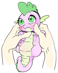 Size: 500x627 | Tagged: dead source, safe, artist:mariponihoney, spike, dragon, human, g4, baby, baby dragon, blushing, cute, disembodied hand, green eyes, hand, in goliath's palm, male, simple background, small, spikabetes, white background