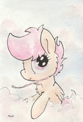 Size: 681x1004 | Tagged: safe, artist:slightlyshade, scootaloo, g4, cloud, cloudy, collar, female, leash, solo, traditional art