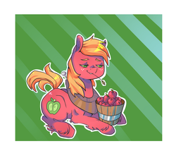 Size: 3009x2609 | Tagged: safe, artist:tomat-in-cup, big macintosh, earth pony, pony, g4, abstract background, apple, bucket, male, prone, solo, stallion, straw in mouth, unshorn fetlocks