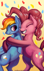 Size: 1515x2466 | Tagged: safe, artist:hoofboot, pinkie pie, rainbow dash, g4, confetti, hug