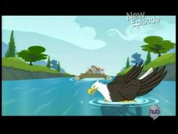 Size: 720x540 | Tagged: safe, screencap, that friggen eagle, bald eagle, duck, eagle, g4, pinkie apple pie, all new, hub logo, text