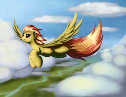 Size: 2475x1912 | Tagged: safe, artist:grennadder, spitfire, g4, big hooves, cloud, cloudy, female, flying, solo