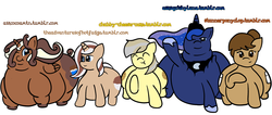 Size: 1280x543 | Tagged: safe, artist:askchubbytwilight, princess luna, oc, oc:cheese cake, oc:cocoa mountain, oc:georgia lockheart, oc:hot fudge, g4, chubby, fat, impossibly large butt, impossibly wide hips, morbidly obese, obese, tumblr, wide hips