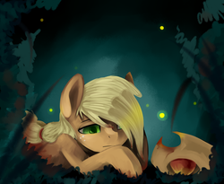 Size: 2560x2100 | Tagged: safe, artist:facerenon, applejack, firefly (insect), g4, female, hat off, lying down, night, solo