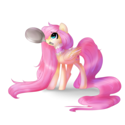 Size: 900x900 | Tagged: safe, artist:fikakorv, fluttershy, pegasus, pony, g4, collar, crossover, female, frying pan, impossibly long hair, impossibly long tail, long hair, long mane, long tail, mare, mouth hold, rapunzel, simple background, solo, tangled (disney), transparent background