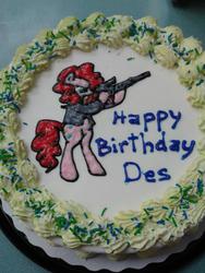 Size: 960x1280 | Tagged: safe, pinkie pie, earth pony, pony, g4, bipedal, cake, clothes, female, gun, irl, mare, photo, solo, text, weapon