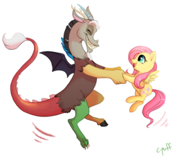 Size: 974x877 | Tagged: safe, artist:c-puff, discord, fluttershy, draconequus, pegasus, pony, g4, cute, dancing, discute, eyes closed, female, happy, male, mare, open mouth, ship:discoshy, shipping, shyabetes, signature, simple background, smiling, straight, transparent background