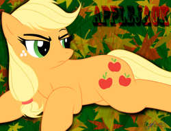 Size: 974x745 | Tagged: safe, artist:iflysna94, applejack, g4, annoyed, female, looking back, prone, solo