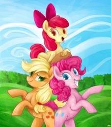 Size: 1599x1834 | Tagged: safe, artist:mn27, apple bloom, applejack, pinkie pie, earth pony, pony, pinkie apple pie, adorabloom, colored pupils, cousins, cute, diapinkes, family, female, filly, foal, jackabetes, mare, pony pyramid, rearing, sisters, trio