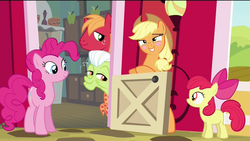 Size: 1920x1080 | Tagged: safe, edit, edited screencap, screencap, apple bloom, applejack, big macintosh, granny smith, pinkie pie, earth pony, pony, g4, pinkie apple pie, blushing, embarrassed, male, stallion