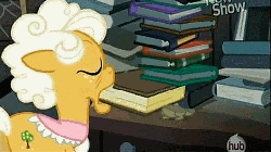 Size: 512x288 | Tagged: safe, screencap, goldie delicious, g4, pinkie apple pie, animated, book, dust cat, female, horseshoes, hub logo, hubble, solo, the hub