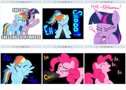 Size: 770x550 | Tagged: safe, pinkie pie, rainbow dash, twilight sparkle, derpibooru, g4, exploitable meme, juxtaposition, juxtaposition win, meme, meta, sneezing, sneezing fetish, twiface, x x everywhere