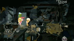Size: 512x288 | Tagged: safe, screencap, applejack, dotty, goldie delicious, pinkie pie, cat, cheetah, siamese cat, g4, pinkie apple pie, animal, animated, bell, bell collar, clutter, collar, crazy cat lady, derp, female, goldie delicious' cats, goldie delicious' house, hoard, hoarder, hub logo, hubble, the hub, too many cats, trash