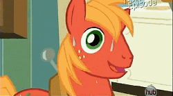 Size: 512x288 | Tagged: safe, screencap, big macintosh, earth pony, pony, g4, pinkie apple pie, animated, cute, do you even lift, happy, hub logo, hubble, lifting, macabetes, male, meme, muscles, oven, pan, pie, pied, silly, silly pony, skillet, smiling, solo, stallion, stove, sweat, the hub
