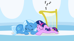 Size: 1280x720 | Tagged: safe, artist:navitaserussirus, trixie, twilight sparkle, pony, unicorn, g4, duo, female, harp, lesbian, musical instrument, ship:twixie, shipping, sleeping