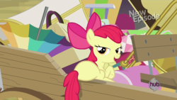 Size: 1920x1080 | Tagged: safe, screencap, apple bloom, earth pony, pony, g4, pinkie apple pie, butt, cart, female, hub logo, lidded eyes, out of context, plot, solo, wagon