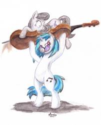 Size: 4652x5736 | Tagged: safe, artist:lardon-draconis, dj pon-3, octavia melody, vinyl scratch, g4, absurd resolution, cello, lifting, musical instrument