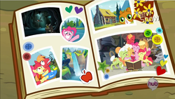 Size: 1592x896 | Tagged: safe, screencap, apple bloom, applejack, big macintosh, goldie delicious, granny smith, pinkie pie, cat, earth pony, pony, three eyed cavewanderer frog, g4, pinkie apple pie, apple family, flish, male, picture, scariest cave in equestria, stallion