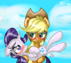 Size: 1646x1469 | Tagged: safe, artist:applemarshmallows, applejack, rarity, g4, blushing, bridal carry, carrying, female, lesbian, ship:rarijack, shipping