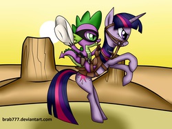 Size: 1843x1382 | Tagged: safe, artist:brab777, spike, twilight sparkle, dragon, pony, g4, bridle, cowboy, dragons riding ponies, hat, lone ranger, mask, rearing, riding, saddle, spike riding twilight