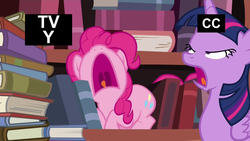 Size: 1920x1080 | Tagged: safe, screencap, pinkie pie, twilight sparkle, alicorn, pony, g4, pinkie apple pie, book, bookshelf, screaming, twilight sparkle (alicorn)