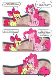 Size: 600x877 | Tagged: safe, artist:foudubulbe, apple bloom, pinkie pie, earth pony, pony, g4, pinkie apple pie, comic, crying, duo, feels, harsher in hindsight, hilarious in hindsight, hug, orphan, sad, surrogate mother