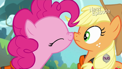 Size: 1920x1080 | Tagged: safe, screencap, applejack, pinkie pie, pony, g4, pinkie apple pie, boop, nose wrinkle, noseboop, out of context