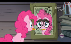 Size: 1280x800 | Tagged: safe, screencap, pinkie pie, g4, pinkie apple pie, black bars, female, hub logo, letterboxing, mirror, mouth hold, reflection, solo, wings