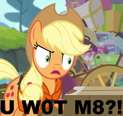 Size: 812x768 | Tagged: safe, applejack, g4, pinkie apple pie, female, glare, image macro, meme, solo, u wot m8