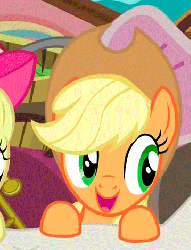 Size: 360x470 | Tagged: safe, screencap, apple bloom, applejack, earth pony, pony, g4, pinkie apple pie, animated, cute, female, filly, gif, happy, headbob, hnnng, jackabetes, loop, mare, open mouth, smiling, solo focus, weapons-grade cute
