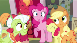 Size: 1920x1080 | Tagged: safe, edit, screencap, apple bloom, applejack, big macintosh, granny smith, pinkie pie, earth pony, pony, g4, pinkie apple pie, happy, male, stallion