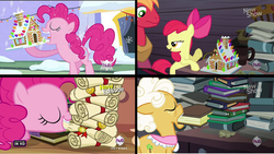 Size: 958x539 | Tagged: safe, edit, edited screencap, screencap, apple bloom, big macintosh, goldie delicious, pinkie pie, earth pony, pony, g4, hearth's warming eve (episode), pinkie apple pie, book, comparison, dust cat, female, filly, gingerbread house, hearth's warming eve, image macro, in which pinkie pie forgets how to gravity, jenga, male, mare, meme, pinkie being pinkie, pinkie physics, scroll, stallion