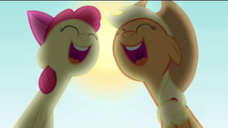 Size: 1920x1080 | Tagged: safe, edit, screencap, apple bloom, applejack, earth pony, pony, g4, pinkie apple pie, apple sisters, apples to the core, duo, eyes closed, female, filly, foal, mare, open mouth, singing