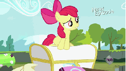 Size: 576x324 | Tagged: safe, screencap, apple bloom, earth pony, pony, g4, pinkie apple pie, animated, chest, female, hub logo, hubble, solo, the hub