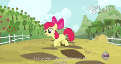 Size: 1152x607 | Tagged: safe, screencap, apple bloom, earth pony, pony, g4, pinkie apple pie, female, filly, hub logo, meme, solo, youtube caption