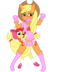 Size: 1024x1278 | Tagged: safe, artist:cuddlelamb, apple bloom, applejack, earth pony, anthro, g4, diaper, diaper fetish, female, non-baby in diaper, onesie, pacifier