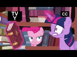 Size: 640x480 | Tagged: safe, screencap, pinkie pie, twilight sparkle, alicorn, pony, g4, pinkie apple pie, season 4, animated, black bars, book, female, glowing horn, golden oaks library, horn, letterboxing, library, loop, magic, mare, nose in the air, screaming, surprised, tv-y, twilight sparkle (alicorn)