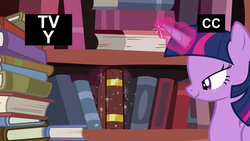 Size: 1920x1080 | Tagged: safe, screencap, pinkie pie, twilight sparkle, alicorn, pony, g4, pinkie apple pie, book, female, genealogy book, glowing horn, golden oaks library, horn, library, lidded eyes, magic, mare, out of context, twilight sparkle (alicorn)