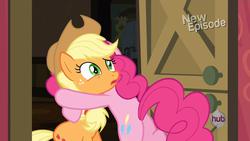 Size: 1920x1080 | Tagged: safe, screencap, applejack, pinkie pie, g4, pinkie apple pie, hug, the hub